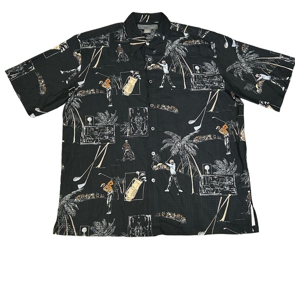 Tori Richard 100% Silk Hawaiian Textured Shirt Golfer Palm Trees Size Large - Picture 1 of 6
